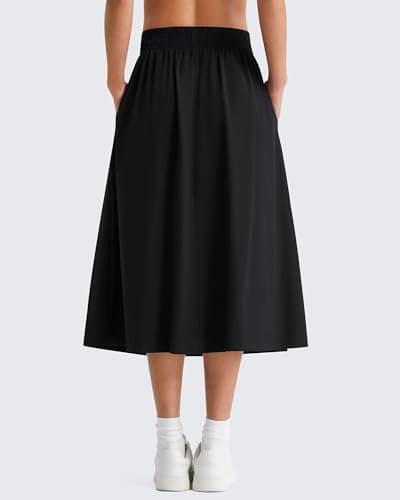 G4Free Midi Skirts for Women Casual Workout Pleated Flared Elastic High Waist Flowy Long Skirt with Pockets Midi Length Lightweight(Black,S) - Thumbnail 6