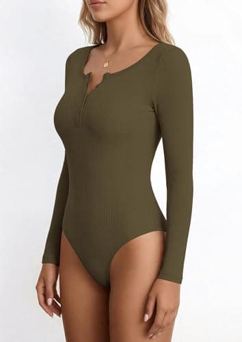 PRETTYGARDEN Long Sleeve Bodysuits for Women 2026 Ribbed Knit Henley Button Up Slim Fitted Basic Tops Spring Fashion Clothing (Army Green,Small) - Thumbnail 3