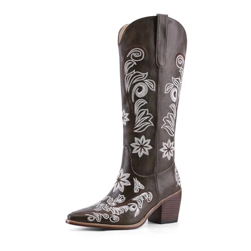 QIV Dark Brown Cowboy Boots for Women Western Pointed Toe Chunky Heel Mid Calf Cowgirl Boots with Embroidered Floral Size 11 - Thumbnail 4
