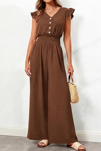 dowerme Women's Jumpsuits Dressy Casual 2026 Summer Ruffle Cap Sleeve V Neck Button Smocked Rompers Wide Leg Overalls(Brown,Large) - Thumbnail 5