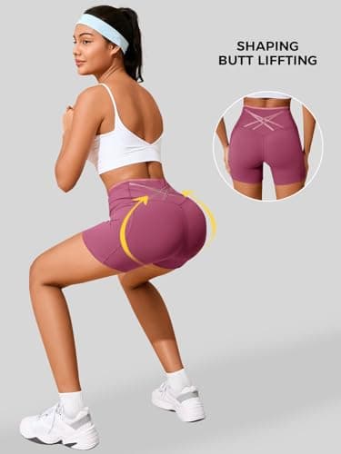 Aoysky Womens Workout Biker Shorts 5" Color Block High Waisted Yoga Athletic Shorts Pink - Thumbnail 5