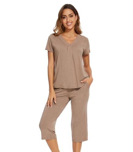 WiWi Bamboo Viscose Womens Pajamas Set Cool Short Sleeve with Capris Sets Super Soft Sleepwear with Pockets S-XXL, Camel, Small - Image 1