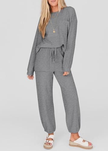 KIRUNDO Lounge Sets for Women 2026 Spring Airport Travel Outfits Ribbed Knit Tops Jogger Pants Tracksuit Postpartum Comfy Set(Grey, X-Large) - Thumbnail 2