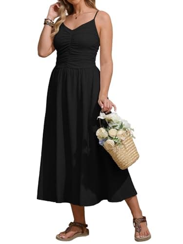 YUNDAI Womens Smocked Midi Dress with Pocket Spaghetti Strap Ruched Casual Summer Dress Black - Image 1