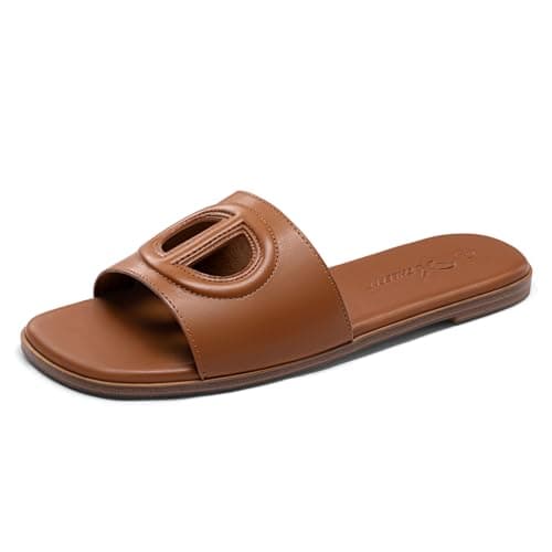 Athlefit Brown Flat Sandals Women Square Open Toe Comfortable Slip On Summer Beach Slide Sandals Size 10