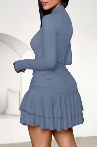 PRETTYGARDEN Womens Spring Long Sleeve Dresses 2026 Mock Neck Ruched Y2K Clothes Ruffle Layered Bodycon Mini Party Dress(Dusty Blue,X-Large) - Thumbnail 5