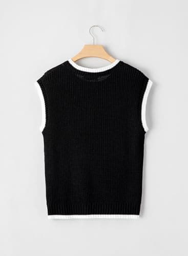 Dokotoo White Tank Top Round Neck Cap Sleeve Color Block Cable Knit Womens Tops Tank Top for Women Sweater Vest Women Vest for Women Black Large - Thumbnail 5
