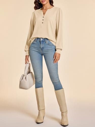Cicy Bell Womens Puff Long Sleeve Henley Shirts Trendy Casual V Neck Button Up Tunic Tops Loose Fit Basic Tees Beige - Thumbnail 5