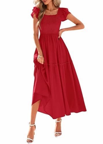 KIRUNDO Smocked Summer Dresses for Women 2026 Wedding Guest Midi Flowy Ruffle Short Sleeve Square Neck Tiered Sundress(Red, XX-Large) - Image 1