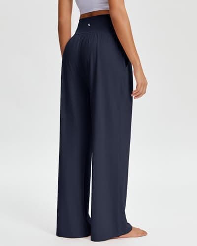 Stelle Wide Leg Palazzo Pants for Women Casual Loose High Waisted Lounge Pajama Pants with Pockets 26/28/30 Inseam Blue - Thumbnail 4