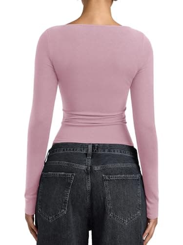 PINKMSTYLE Womens Boat Neck Basic Long Sleeve Tops Slim Fit Business Casual Going Out Top Pink Large - Thumbnail 5