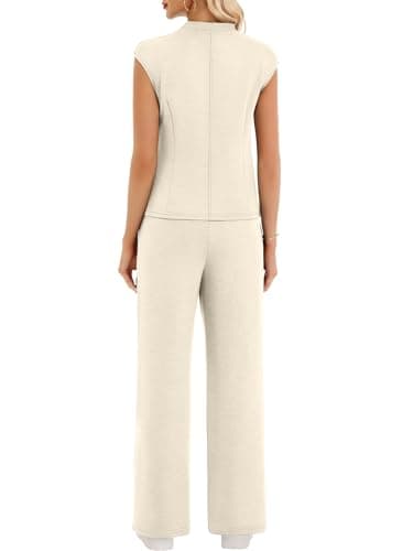 Casly Lamiit Lounge Sets for Women 2 Piece Summer Vacation Travel Outfits Mock Neck Cap Sleeve Pants Set Spring Airport Outfit 2026 Beige 2XL - Thumbnail 5