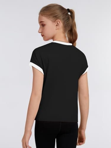 ZDC Girls Athletic Shirts Kids Summer Short Sleeve Workout T Shirt Quick Dry Tops Color Block Gym Yoga Tee Black - Thumbnail 2