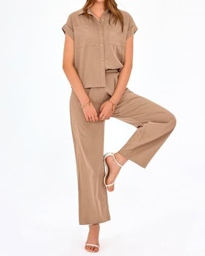 PRETTYGARDEN Womens 2 Piece sets Summer Cap Sleeve Tops Palazzo Pants Dressy Casual Vacation Travel Outfits Tracksuits(Khaki,Medium) - Thumbnail 6