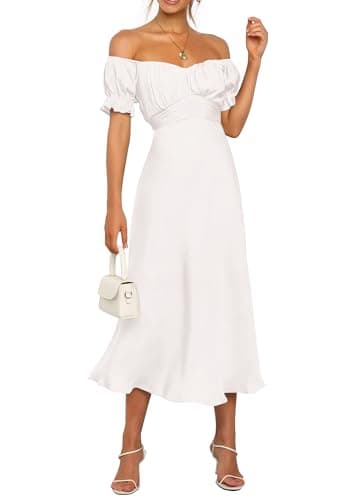 KIRUNDO Women's 2026 Spring Summer Satin Wedding Guest Midi Dress Off The Shoulder Wrap Party Cocktail Formal Prom Dresses(White, Large) - Image 1