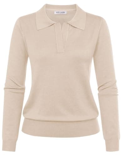 Kate Kasin Women Long Sleeve Polo Sweater V Neck Knitted Tops Casual Ribbed Shirt Loose Pullover Sweater Beige XL - Image 1
