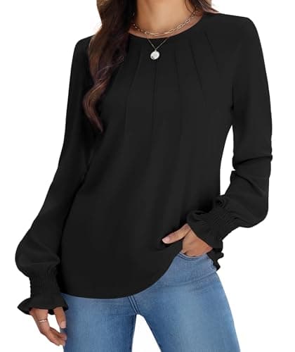 Funlingo Womens Long Sleeve Tops Dressy Casual Fall Crew Neck Tunic Blouse Business Formal Shirts Ladies Loose Fit Work Office Wear Black L - Image 1