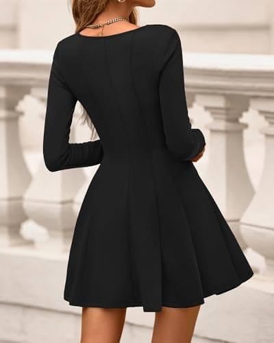 BTFBM Square Neck Dress for Women Casual Spring Long Sleeve Knit Pleated Elegant Classy 2026 Fall Cocktail Mini Dresses(Black, X-Large) - Thumbnail 3