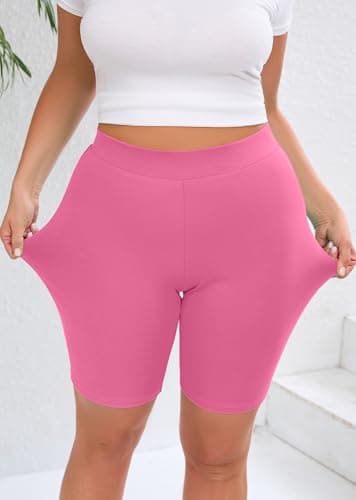 AusLook Women's Plus 8" Biker Shorts High Waist Tummy Control Fitness Athletic Workout Running Yoga Gym Volleyball Spandex Hot Pink 3X Shorts - Thumbnail 5