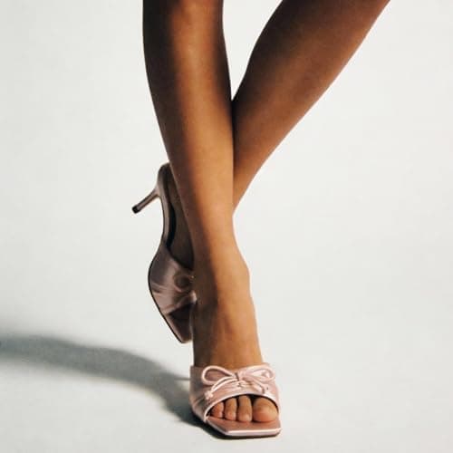 RUSAUISE Pink Mule Heels for Women Bow Kitten Heels Square Open Toe Stiletto Heeled Slide Sandals Slip On Dressy Sandals Size 9.5 - Thumbnail 6