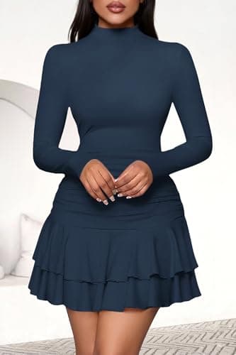 PRETTYGARDEN Women's Fall Long Sleeve Dresses 2026 Mock Neck Ruched Y2K Clothes Ruffle Layered Bodycon Mini Party Dress(Navy Blue,Medium) - Thumbnail 3