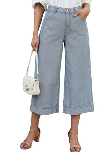 Dokotoo Wide Leg Pants for Women 2026 Summer Trendy Stretchy Cropped Denim Jeans Womens Casual Baggy Striped High Waisted Curved Hem Jeans Dark Blue Size 18 - Image 1