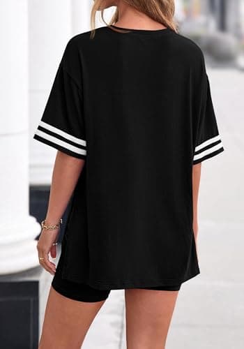 KIRUNDO 2 Piece Sets for Women Summer Lounge Set Airport Travel Outfit 2026 Oversized Shirts Matching Biker Shorts Clothing(Black, X-Large) - Thumbnail 3