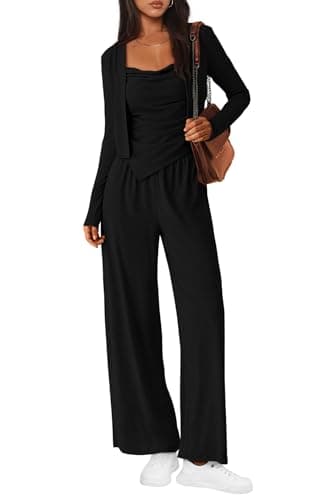 BTFBM Women's Fall Lounge Sets 3 Piece Outfit Tracksuits Casual Long Sleeve Tops High Waisted Sweatpants Set(Black,Large) - Image 1