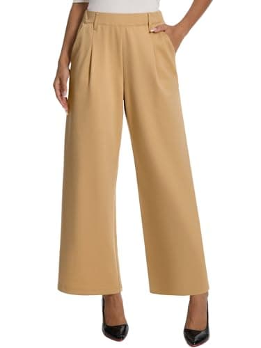Amzdora Women’s Casual Wide Leg Pants High Waisted Stretch Pull On Palazzo Trousers Loose Flowy Lounge Pants with Pockets Khaki - Image 1