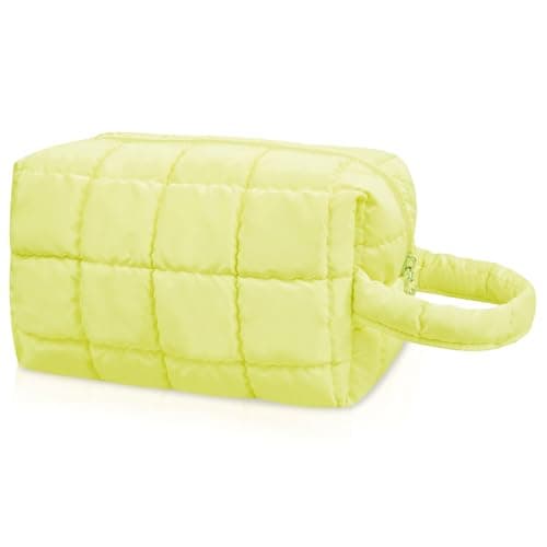 Gosect Quilted Cute Makeup Bag, Checkered Cosmetic Bags with Divider, Waterproof Travel Toiletry Bag, Puffy Make up Pouch for Women Travel Essentials (Handle, Yellow, Medium) - Image 1
