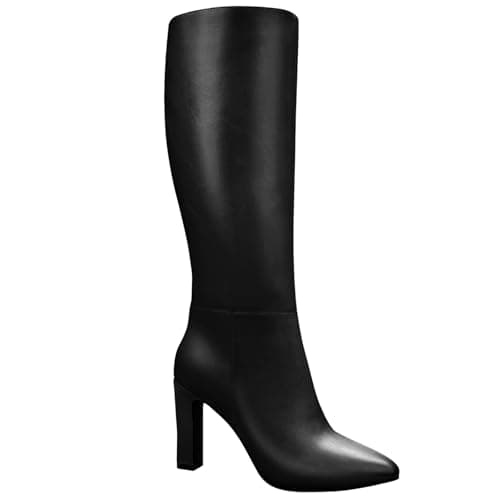 Quorvash Knee High Boots for Women - Long Elastic Faux Leather Tall Boots for Women Mid Block Heel Pointed Toe with Side Zipper Fall Winter Black Size 8.5