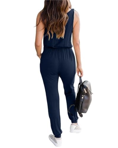 KIRUNDO Women 2026 Summer Jumpsuits Casual Sleeveless Drawstring Elastic Waist Romper Vacation Cruise Airport Travel Outfits(Dark Blue, XX-Large) - Thumbnail 2