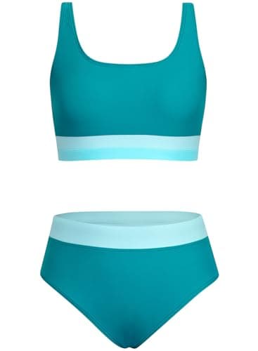 Alakuoti Girls Swimsuit Color Block Adjustable Straps Bikini Sets Teen Girl Two Piece Bathing Suits with Chest Pad Size 12 Dark Green - Image 1