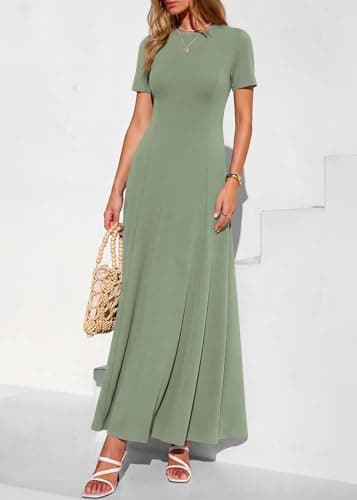 KIRUNDO Wedding Guest Dresses for Women 2026 Spring Summer Short Sleeve Pleated Long Flowy A Line Formal Maxi Dress Pockets(Sage Green, Large) - Thumbnail 3