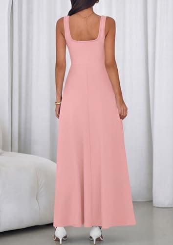 PRETTYGARDEN Womens Summer Dresses 2026 Sleeveless Elegant Square Neck Aline Swing Maxi Beach Wedding Guest Dress Pockets (Pink,Large) - Thumbnail 4
