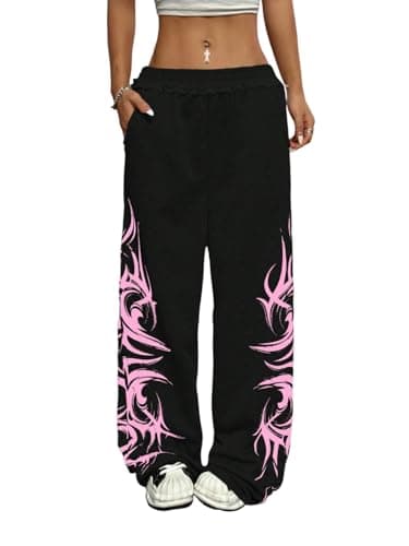 ZAFUL Womens Wide Leg Sweatpants Y2K Gothic Graffiti High Waisted Lounge Pants Athletic Joggers Pants with Pockets 1-Black&Pink L - Image 1