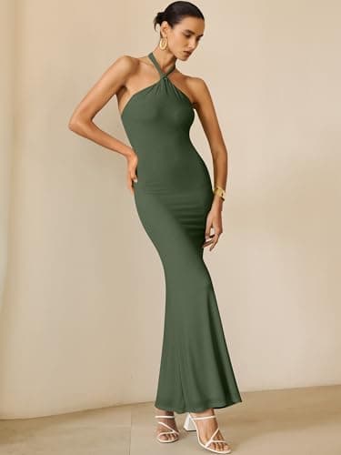 Prinbara Womens Halter Neck Bodycon Maxi Dresses 2026 Summer Mesh Backless Elegant Formal Wedding Guest Party Club Long Dress Army Green Medium - Thumbnail 4