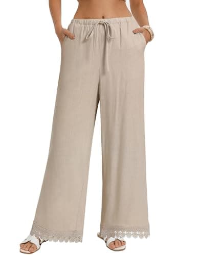 GRACE KARIN Womens Palazzo Pants Casual Drawstring Flowy Comfy Pants Wide Leg Summer Beach Linen Trousers with Pockets Apricot M - Image 1