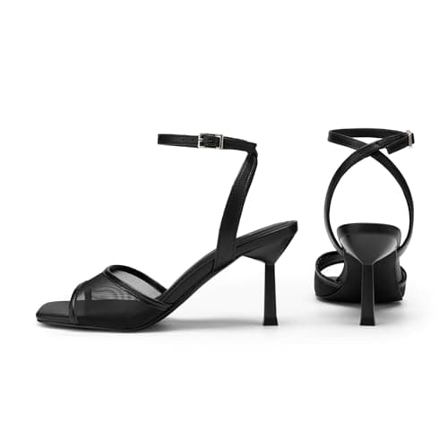 Athlefit Black High Heels for Women Square Open Toe 3-Inch Stiletto Heels Summer Mesh Sexy Strappy Heeled Sandals for Party Prom Size 6.5 - Thumbnail 5