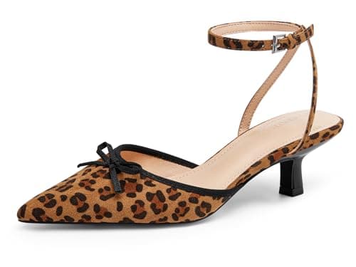 Coutgo Womens Kitten Low Heels Bow Tie Closed Pointed Toe Ankle Strap Pumps Party Wedding Dress Shoes Leopard - Image 1