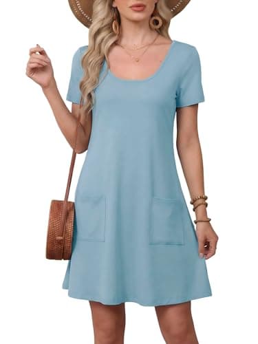 Moodclo Women's Summer Dresses Rackley Blue Large 2025 Loose U Neck Short Sleeve Casual T Shirt Dress Sundresses Swimsuit Coverup with Pockets - Image 1