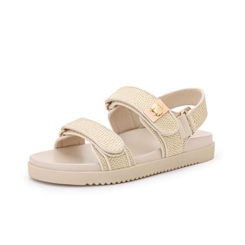 Rihero Women's Flat Sandals Comfort Adjustable Velcro Double Strap Slip on Leather Footbed Raffia Sandals with Back Strap Size 7.5 - Image 1