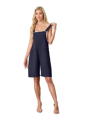 HiMONE Womens Summer Jumpsuit Sleeveless Casual Romper Overalls With Square Neck And Pockets (Navy Blue-L) - Thumbnail 2