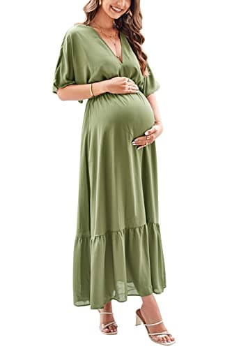 STYLEWORD Summer Maxi Dresses for Women 2025 Casual Short Sleeve V Neck Flowy Wedding Guest Spring Maternity Dress Photoshoot(Army Green,S) - Image 1
