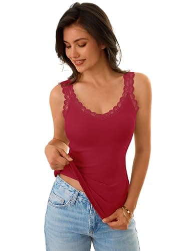 GKBK Tank Tops for Women Ribbed Slim Fit Camisole Sleeveless Lace Tank Tops Summer Casual Basic Tops Cute V Neck Soft Lace Trim Cami Undershirt Spring Clothes 2026 Fashion Outfits Red - Thumbnail 3