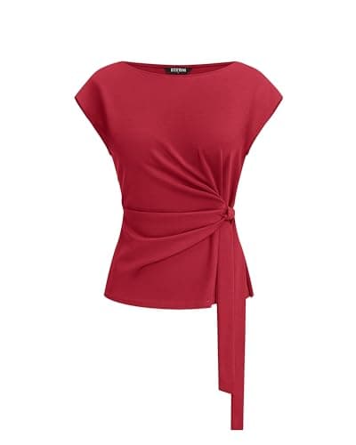BTFBM Womens Tops Summer 2026 Cap Sleeve Crew Neck Tie Waist Blouses Dressy Casual Business Work Clothes Spring Fashion(Bright Red, Small) - Image 1