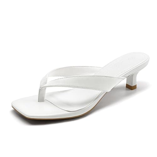 Athlefit White Kitten Heels for Women Dressy Flip Flops Square Toe Summer Short Low Heels Slip On Thong Heeled Sandals White Size 7.5 - Image 1