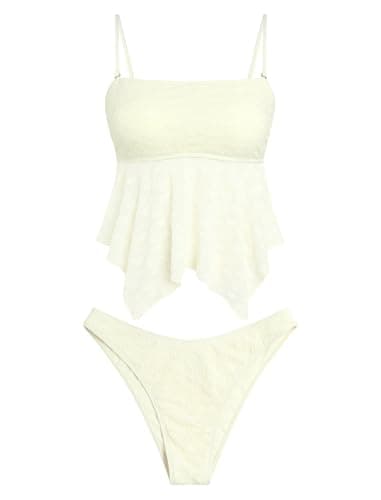 ZAFUL Womens Tankini Swimsuits Lace Jacquard Flowy Swimwear Square Neck Spaghetti Sting Bikini Mid Waisted Briefs (Cream S) - Image 1