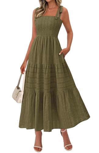 BTFBM Women's 2026 Spring Boho Spaghetti Strap Dress Casual Sleeveless Smocked A Line Beach Sundress Long Maxi Dresses(Army Green, Large)