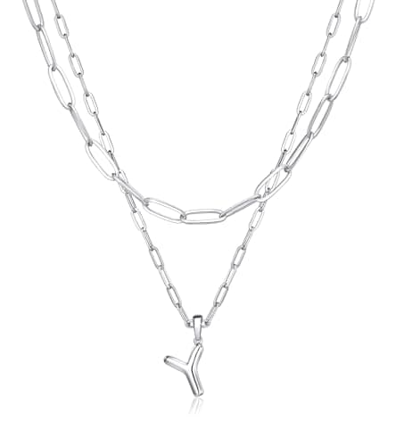 adoyi Silver Initial Necklace for Women 14k Gold Plated Layered Bubble Letter Necklaces Trendy Jewelry Chain Name Y Pendant Necklace Stack Birthday Valentines Gifts